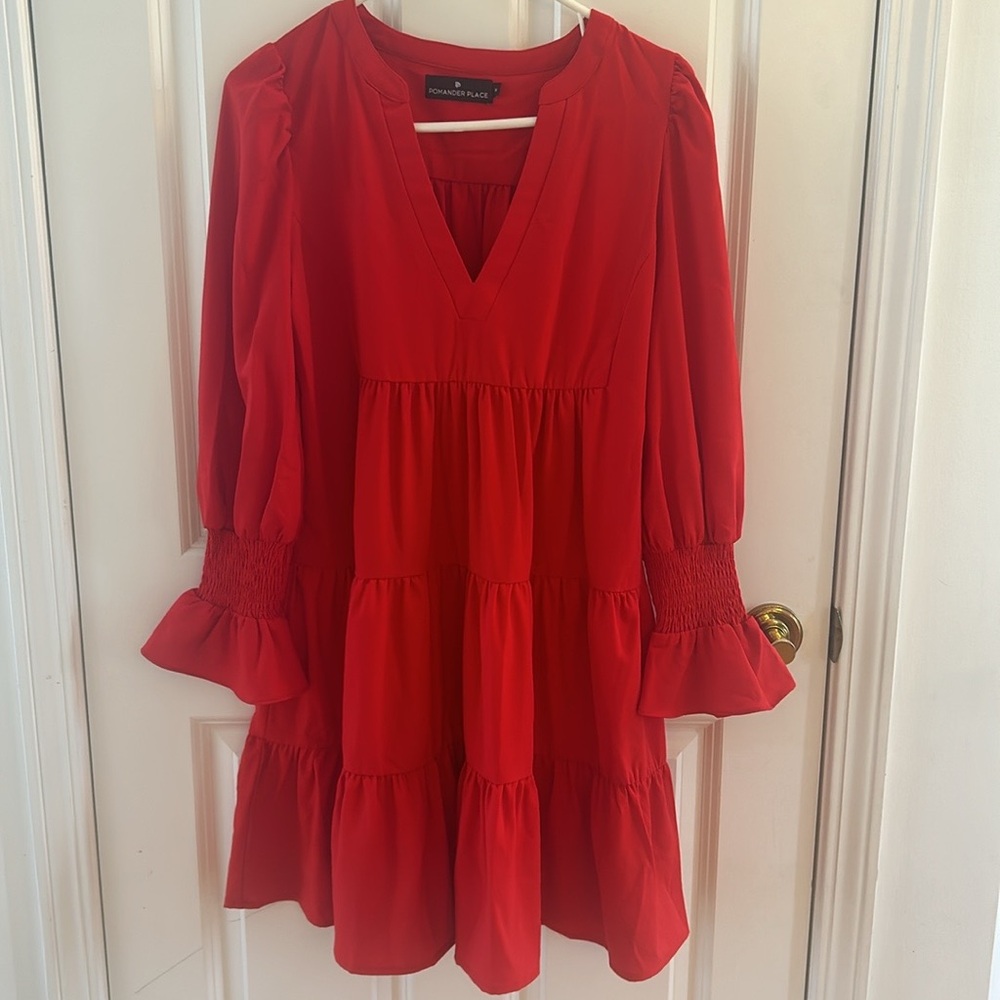 Pomander Place Red Smocked V neck dress